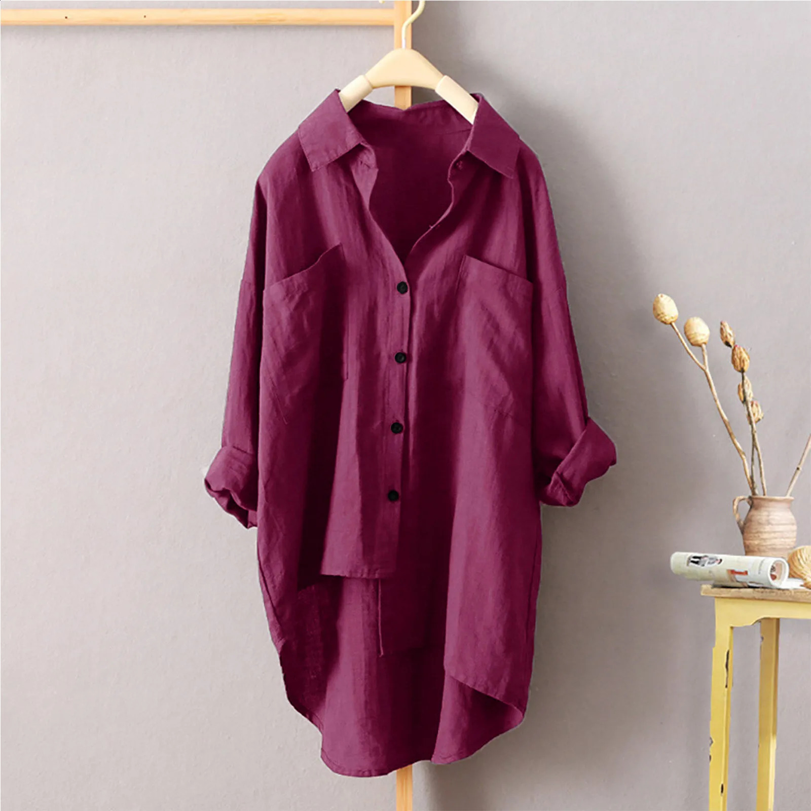 Solid Cotton Linen Blouse Soft Sun protection Shirts Tops V-neck Plus Size Blouse Women Shirts Blouse Long Sleeve 1PC 240823