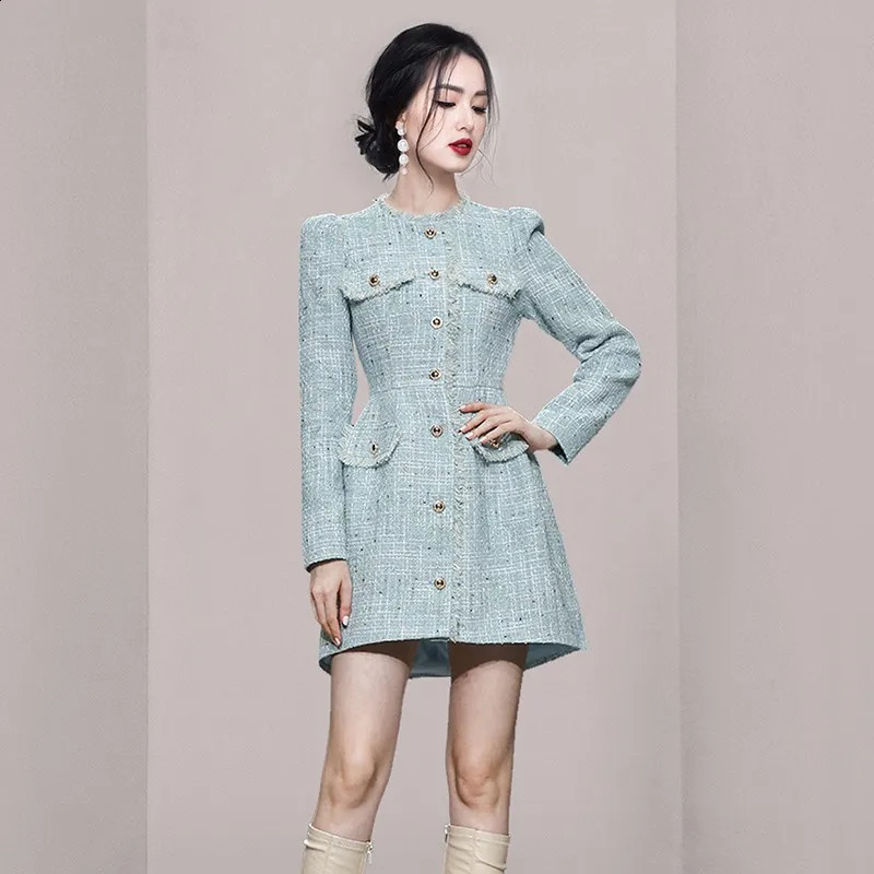 Blue womens long sleeved tweed dress autumn/winter small fragrant style waist cinching temperament tassel dress 240824