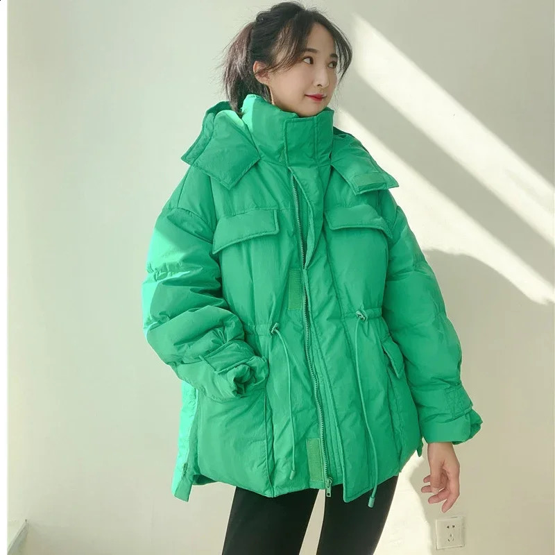 winter hoodie Parkas warm jacket womens down irregular fluffy bubble brushed waist loose 240823