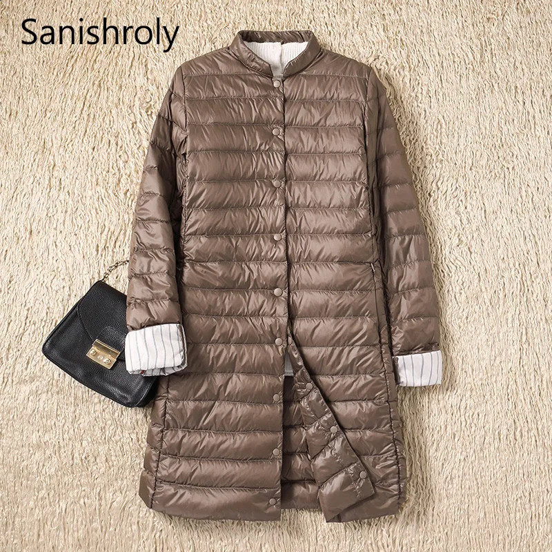 Womens Single Chest Midi Long Coat Autumn Ultra Light Down Jacket Parka White Duck SE593 240823