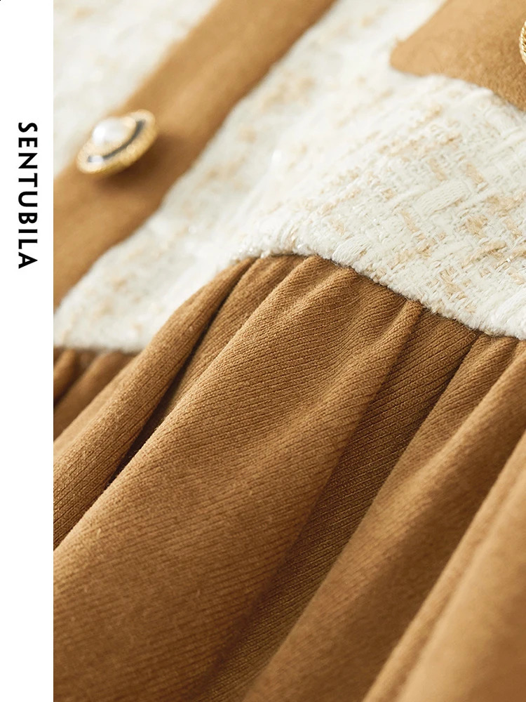 SENTUBILA Contrast Square Collar Straight Midi Dresses Spring Woman Elegant Long Sleeve Tweed Dress Clothes 134L52473 240824