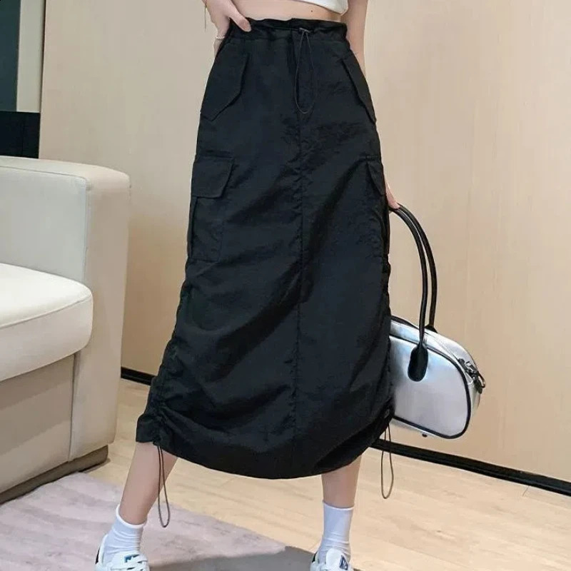 Casual Elastic Waist Straight Cargo Skirts for Long Skirts Spring Summer Drawstring Length Classic Versatile Mid-Length Skirt 240823