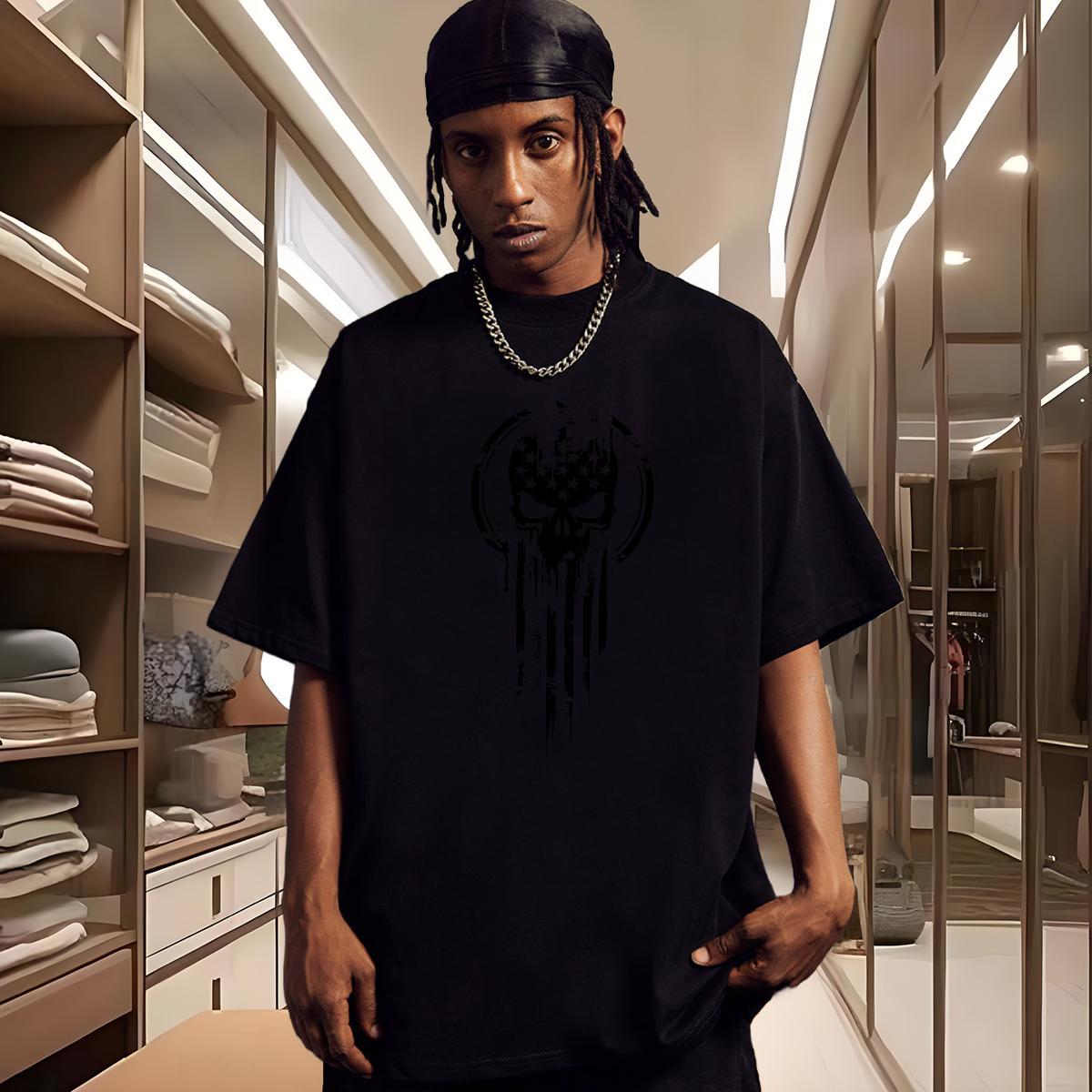 Free Shipping Mens T Shirts 230g Pure Cotton skull Anime Printing Street Black White O Neck Short Sleeves Tshirts Fashion New Tops Tees