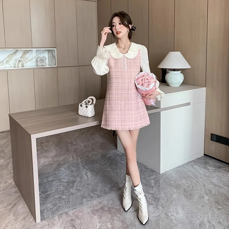 High Quality Autumn Runway Pink Tassels Plaid Long Sleeve Patchwork Mini Dress Tweed Woolen Women Loose Vintage Casual Dress 240824