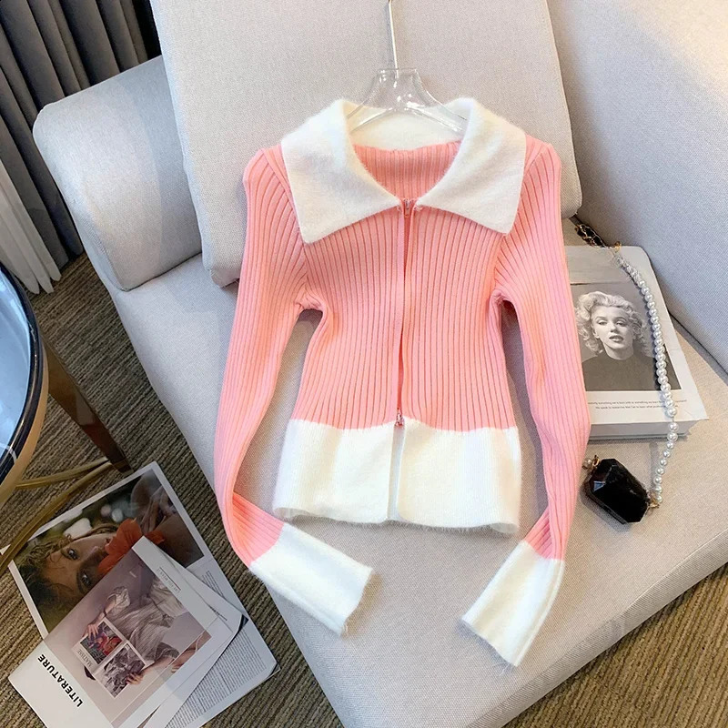 KUSAHIKI Autumn Sweet Spicy Slim Fit Knitted Sweater Jacket contrast Color Sexy Zipper Knitwear Coat Top 240824