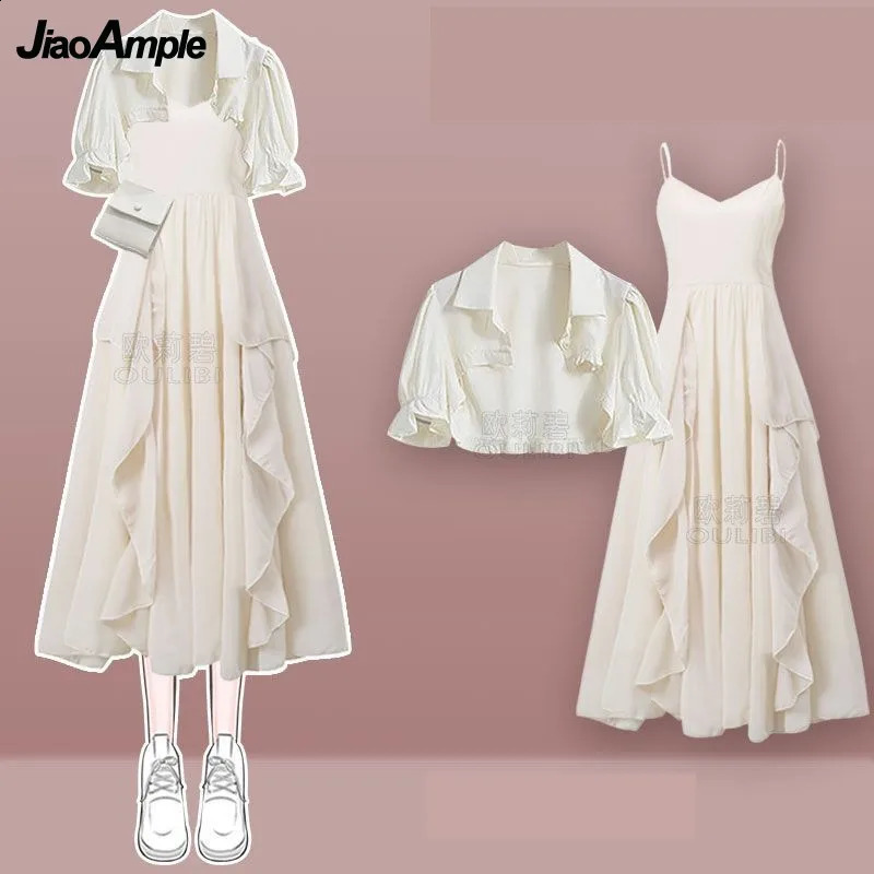 Womens Summer Fashion Short Sleeved ShirtSling Skirt Two Piece Suit Korean Elegant Short Top Dress Matching Set 240823