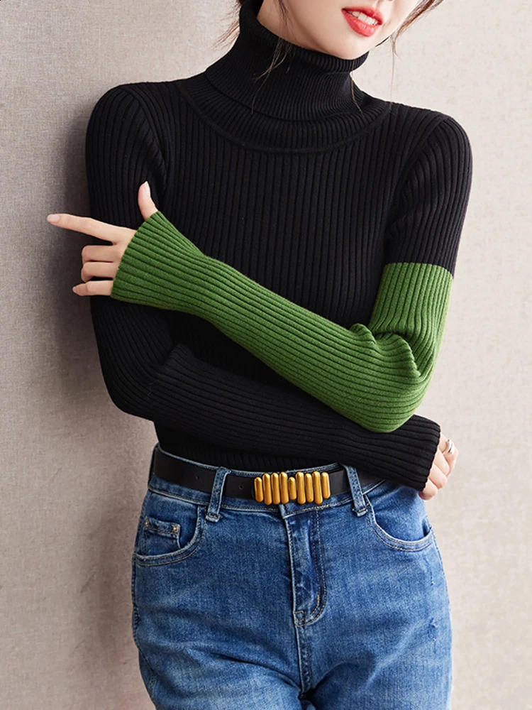 Contrast Color Splicing Slim Fit Top Autumn Long Sleeve Turtleneck Sweater Women Soft Knitted Pullover Tops 240824