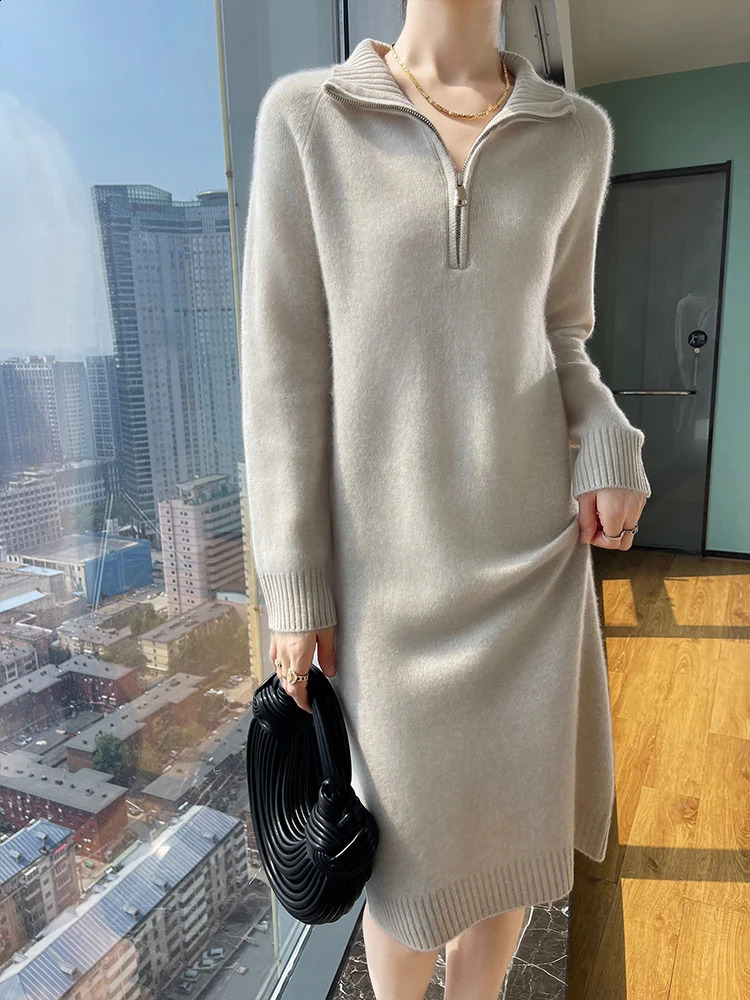 Fall/winter lapel 100 wool long solid color dress womens loose over-the-knee wool long-sleeved knitted bottoming skirt 240824