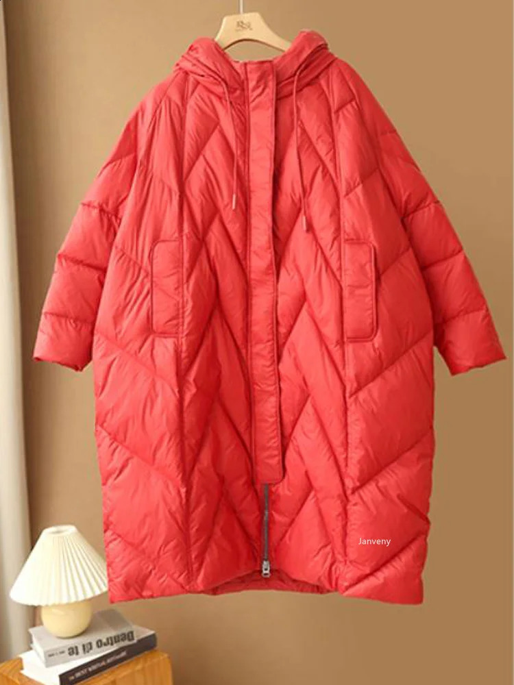 Janveny Women Loose Long Coat 90 White Duck Down Jacket Winter Female Overcoat Hooded Puffer Feather Parkas 251022