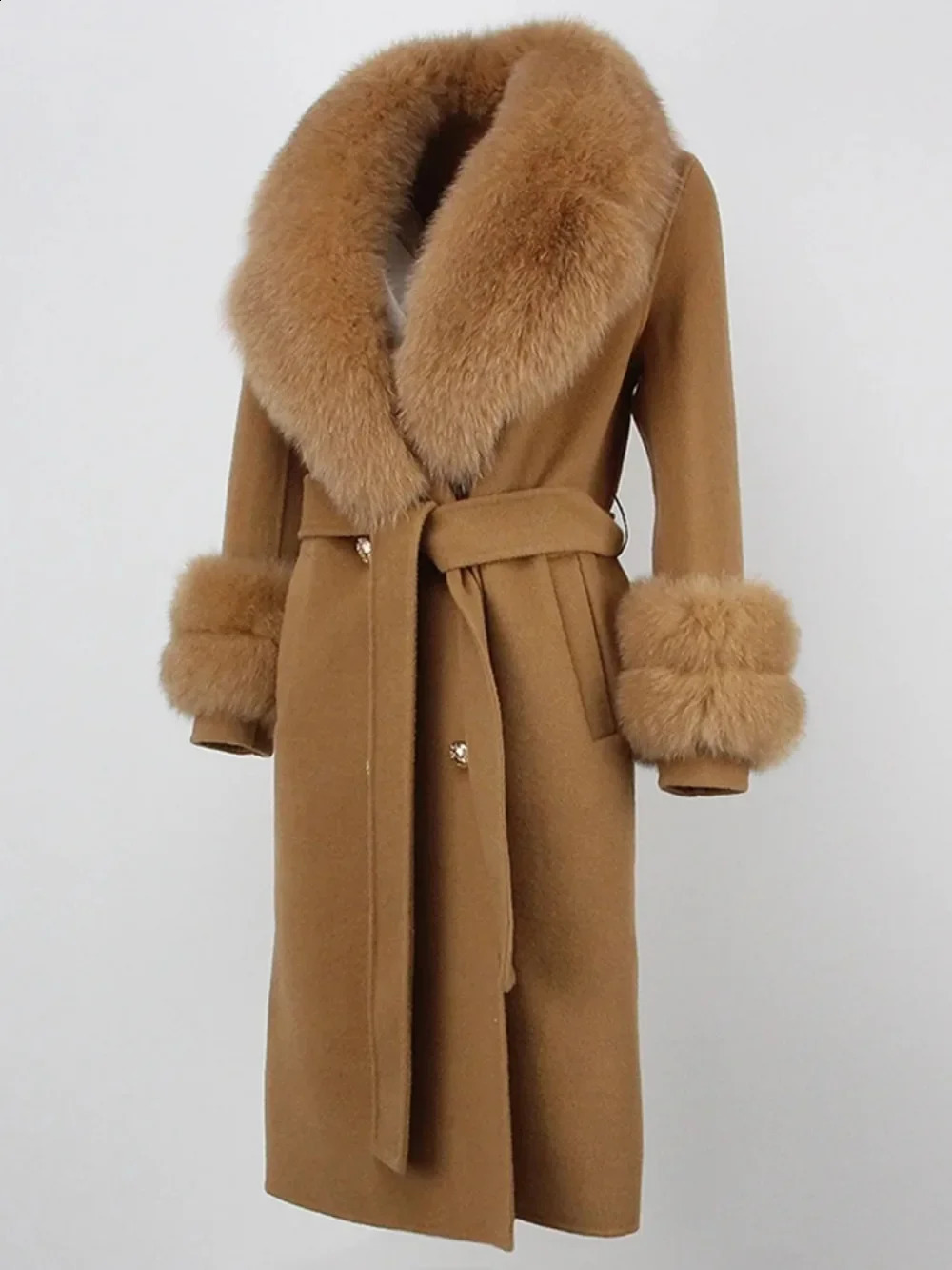 Real Fur Coat Long 2024 Winter Jacket Womens Natural Wool Blended Cashmere Double Chest Strap Warm Streetwear Fashion 240824