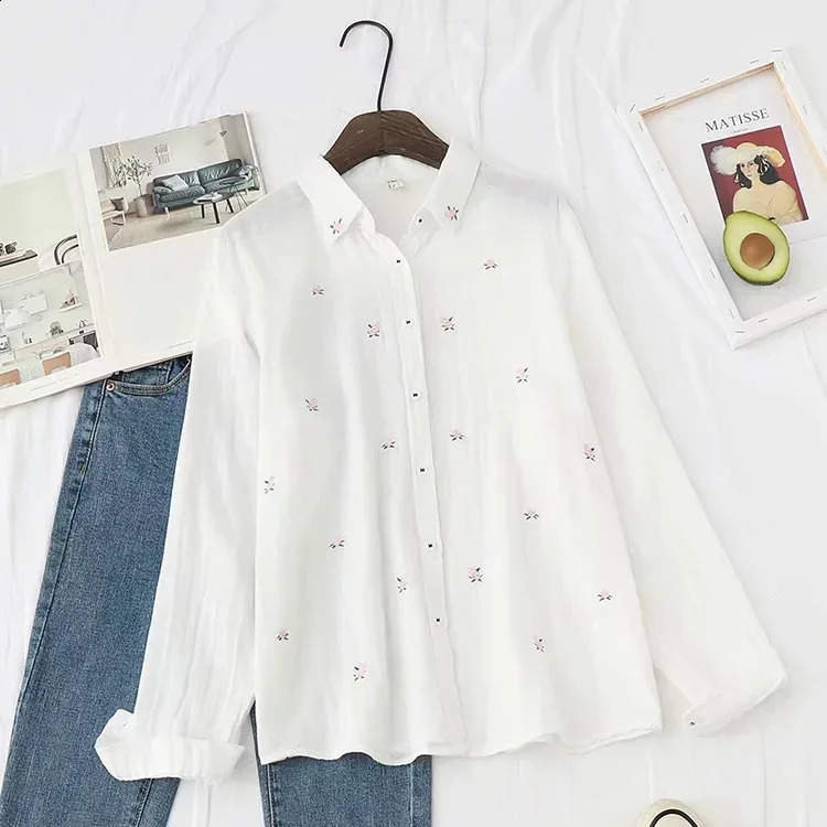 Spring Autumn Fresh Cotton Yarn Ladies Long Sleeve Shirt Flower Embroidered Womens Casual Shirt Female Blouse Clothes 240823