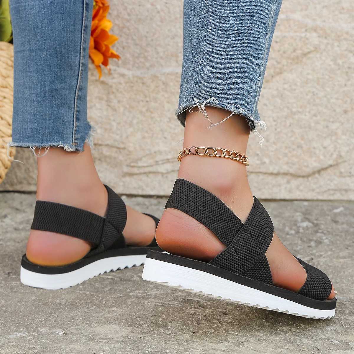 New Arrival Womens fashion trend anti-slip wear comfortable matching color sole pure black shoelace flat sandals T250217
