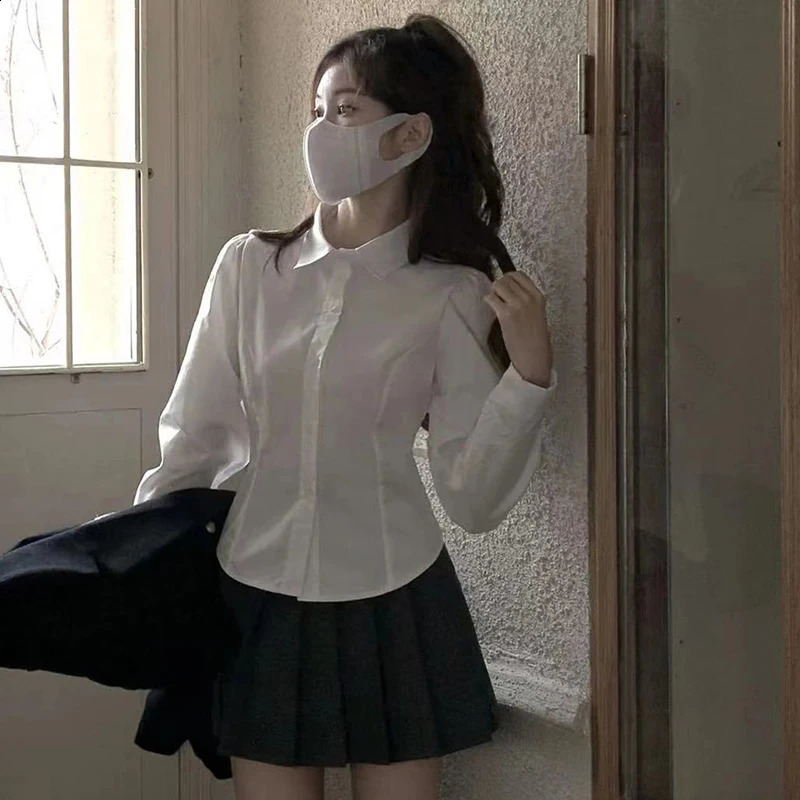 Xpqbb Womens White Shirt Korean Preppy Style Long Sleeve Turndown Collar Blouse School Uniform Student Slim Shirts 240823