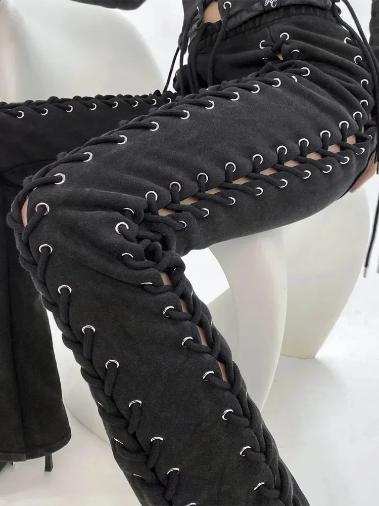 Knitted Slit Hollow Women Pants High Waist Lace Up See Through Streetpant Femme Solid Slim Fashion Streetwear Pant Ladies Sexy 240823