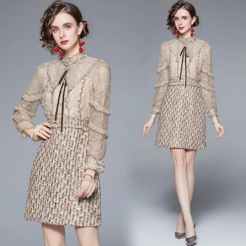 BRANGDY Heavy Industry Beads Embroidered Ruffled Lace Sleeve Stitching Sequins Tweed Dress Womens Clothing Spring and Autumn 240824