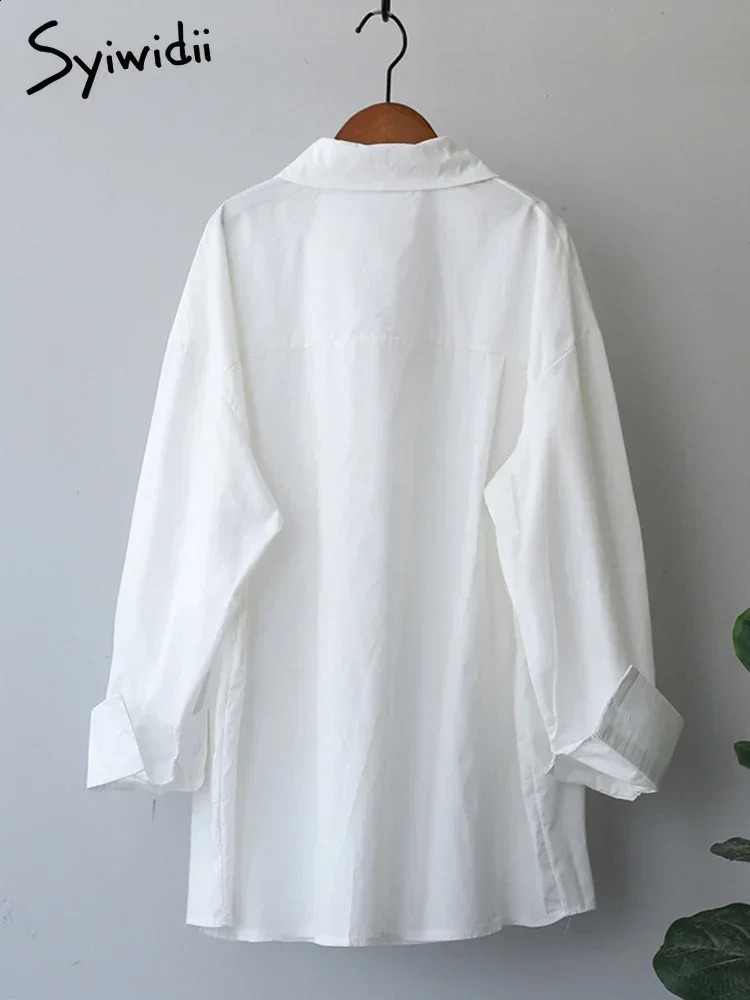 Syiwidii Shirt Women Long Sleeve Blouse Cotton 100% Casual Blue White Turn Down Collar Button Up Shirts Oversized Tops 240823