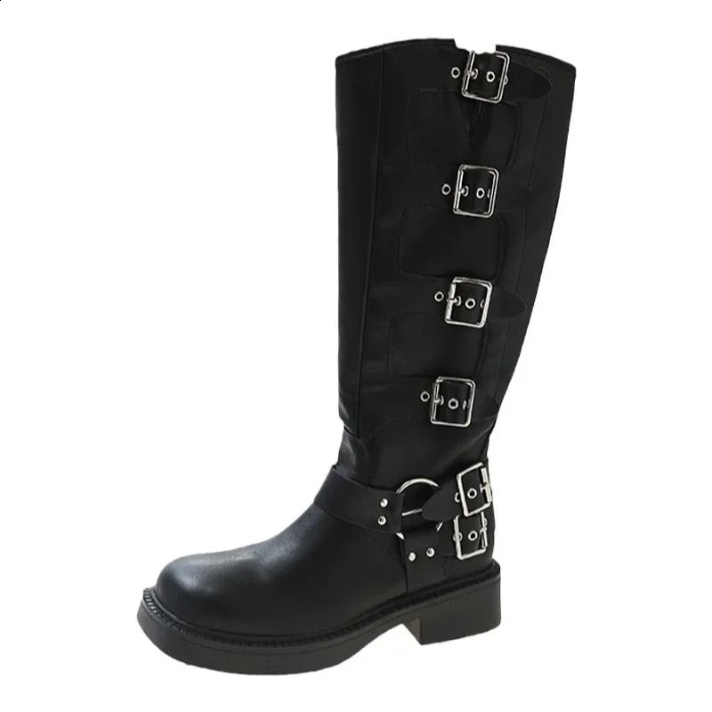 Square toe womens western cowboy boots fashionable buckle knight boots autumn womens low boots 240823