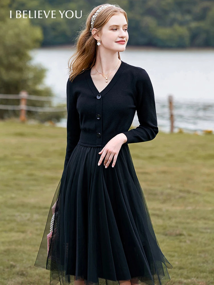 I BELIEVE YOU Knitted Dresses Autumn Winter Korean Vneck Long Sleeves Patchwork Mesh Dress Slim Midi Female Vestios 2214134094 240824