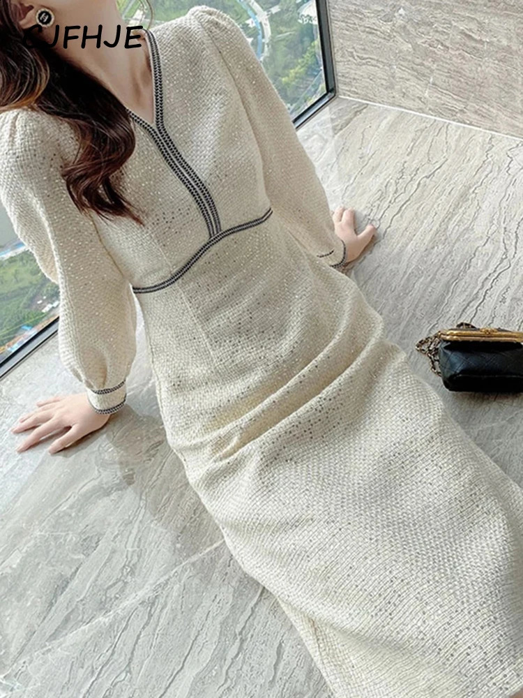 Party Temperament Slim Tweed Long Sleeved Woman Dress Vintage Sequins V-Neck Woolen Maxi Dresses for Women Vestidos Winter 240824