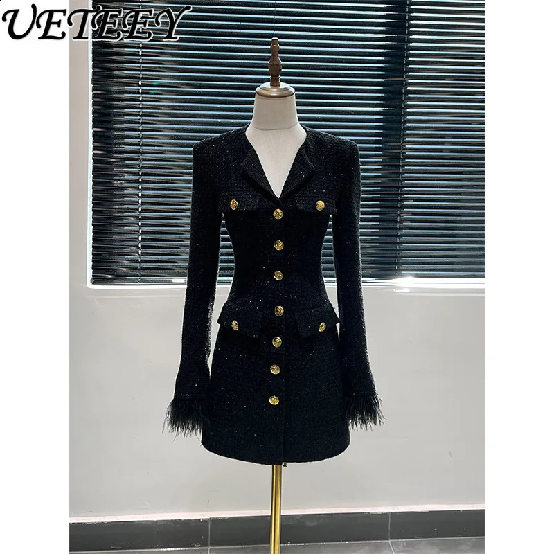 French Style Woolen Suit Dress Women Autumn and Winter Elegant Socialite Black Slim Slimming Feather Long Sleeve Tweed Dress 240824