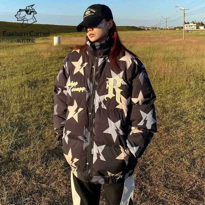 Women's Down Parkas American style retro star shaped thick cotton pad park clothing fashionable loose couple jacket mens Y2K clothing Y240824DX2B