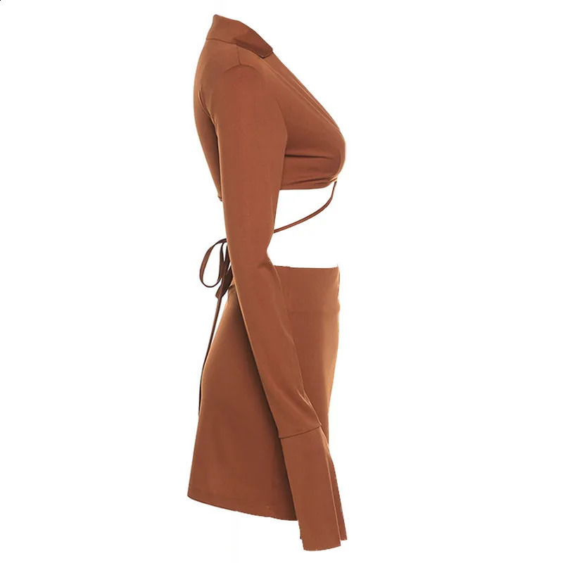 WPNAKS Women 2 Piece Skirts Sets Autumn Clothes Solid Color Long Sleeve Lapel Crop Tops and Mini Skirt Set Sexy Club 240823