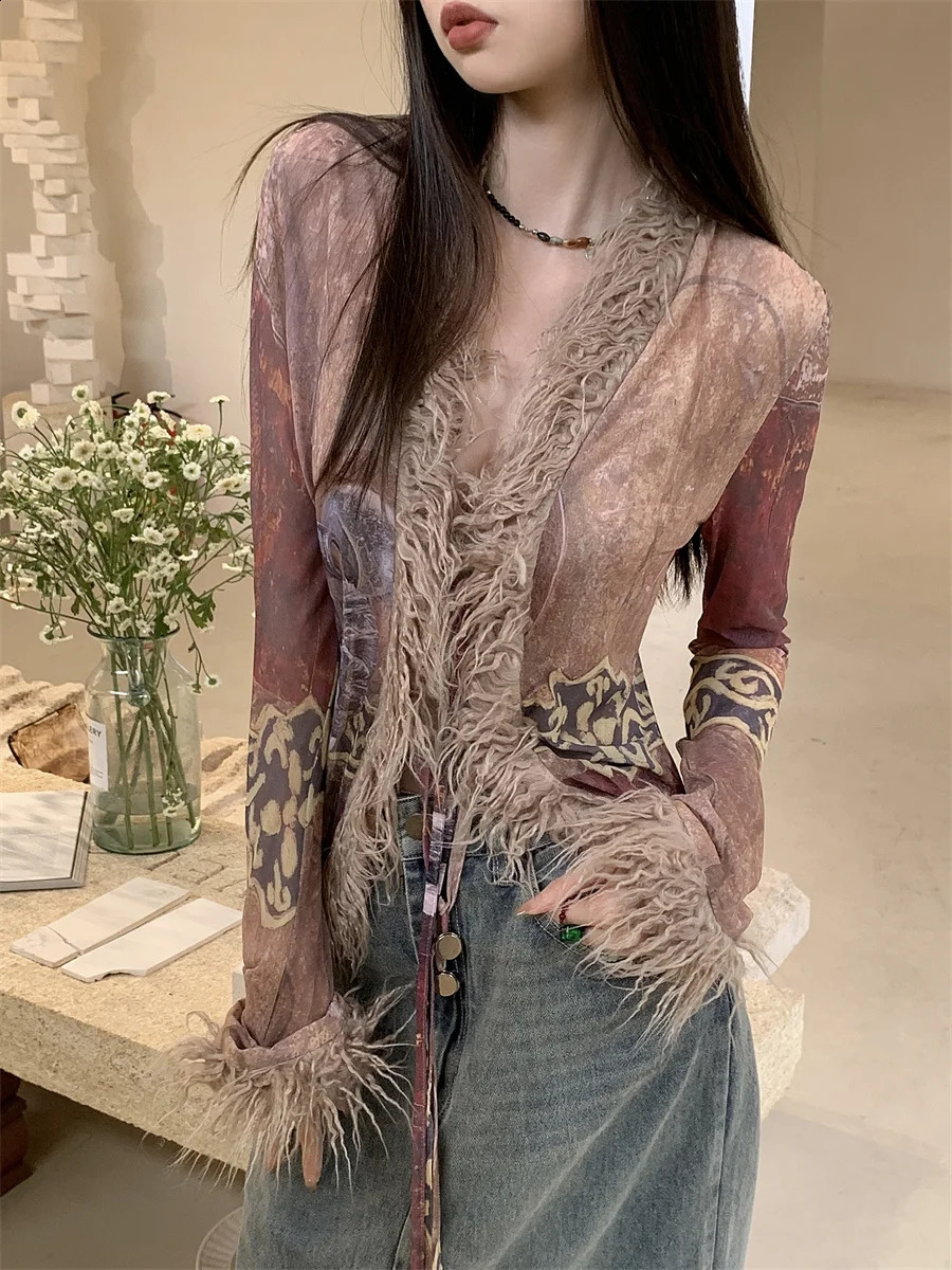 CHEERART Spring Fur Collar Open Fleece Jacket Womens Mesh Ethnic Vneck See Through ner Fashion 240824