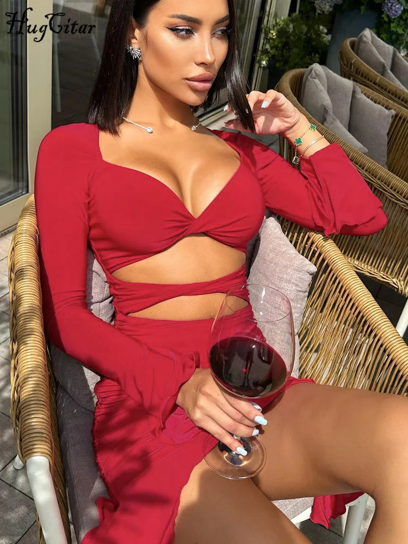 Hugcitar Winter Elegant Solid Long Sleeve Hollow Out Ruched Irregular Sexy Slim Mini Dress Women Y2K Clothes Birthday Christmas 240823