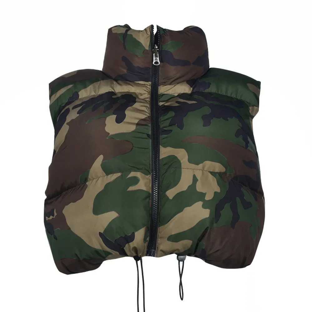 Women's Down Parkas Women Camouflage Puffer Jackets Vest Slveless Camo Bubble Coats Parkas Down High Waist Drawstring Vests Cotton Cropped Parka 