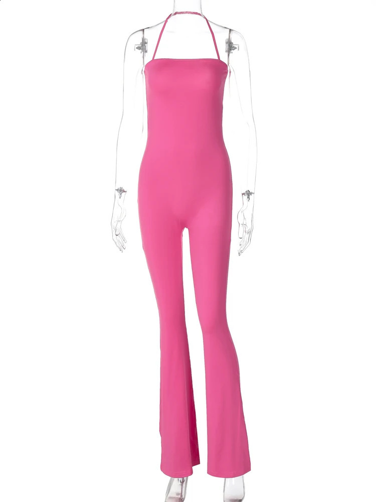 Hugcitar 2024 Spring Halter Solid Sleeveless Backless Sexy Bodycon Flare Pants Jumpsuit Women Casual Rompers Streetwear Festival 240823