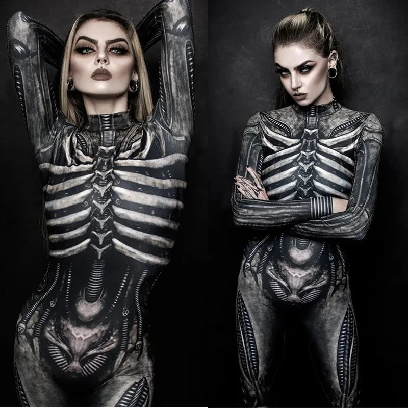 Horror cosplay skeleton jumpsuit Halloween costume ultra-thin Humen body female Zentai skeleton tight suit carnival dress up party 240824