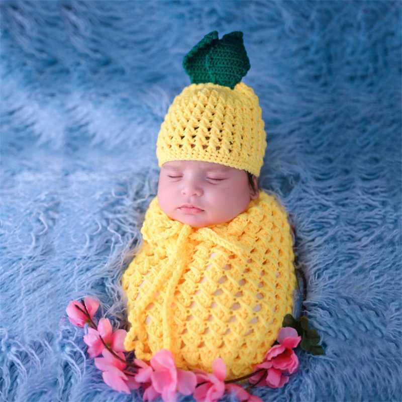 Baby Photography Props Pineapple Clothing Sets Newborn Boy Girl Photo Shoot Swaddle Outfit Crochet Sleeping Bag Hat Unisex M240824
