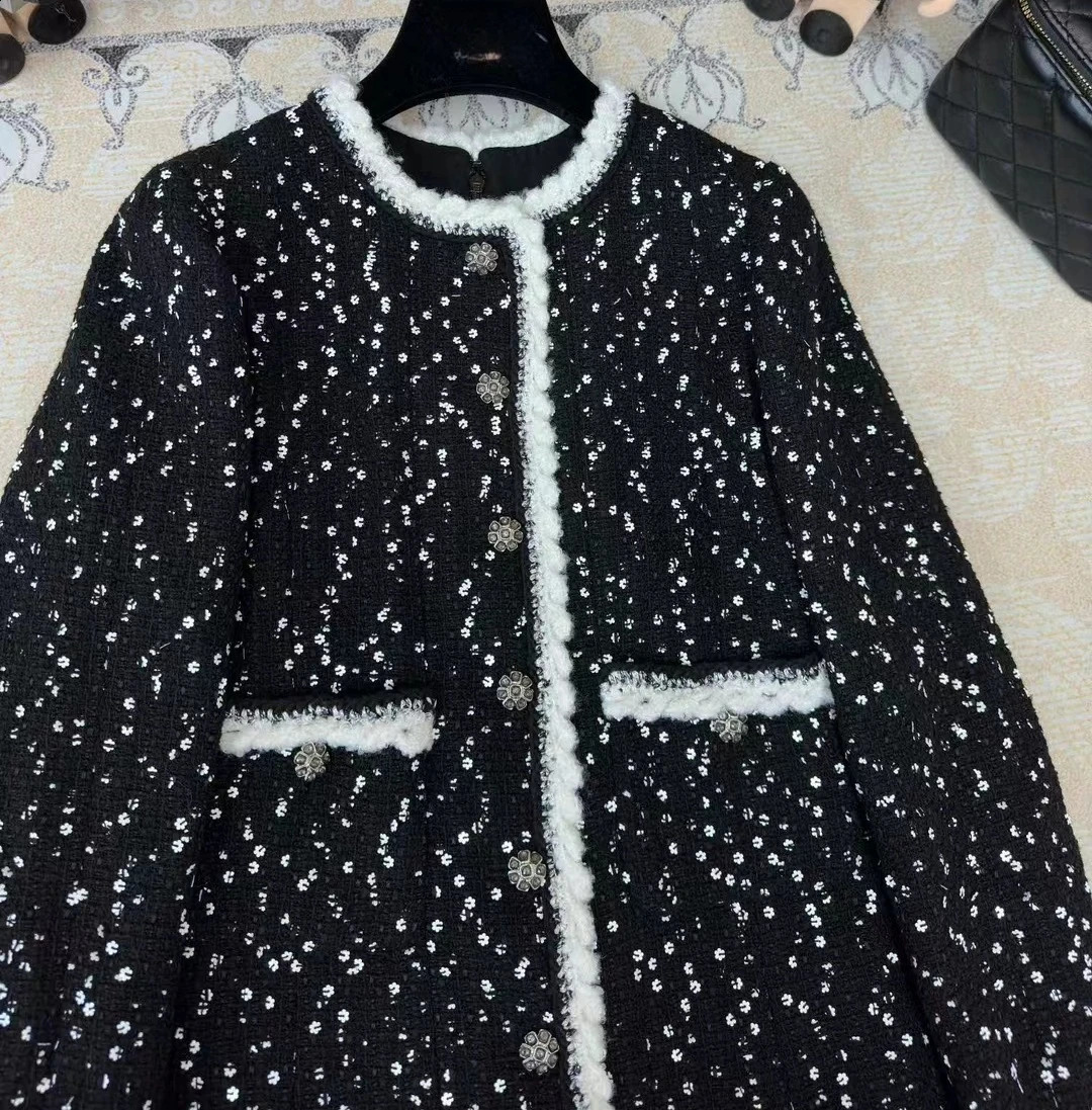Autumn Fashion Womens High Quality Elegant Black Sequins Long-sleeves Tweed Dress F292 240824