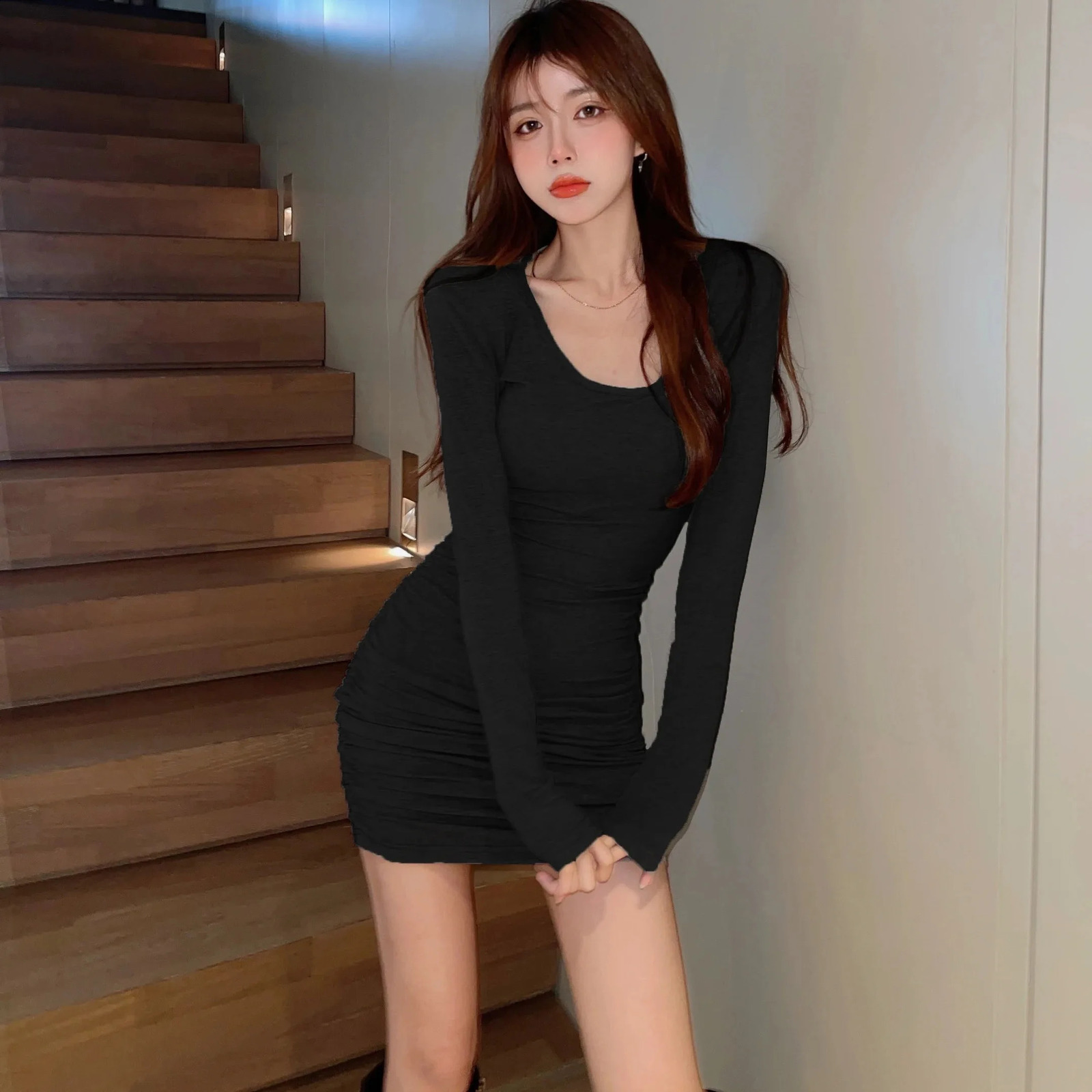 Sexy black mini dress temperament long sleeve tight dress waist skirt autumn spring womens sweater 240823