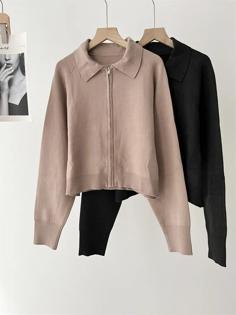 Womens Casual Long Sleeve Zipper Cardigan Coat Early Autumn Turn-Down Collar Short Knitted Jacket Knitwear for Ladies 240824