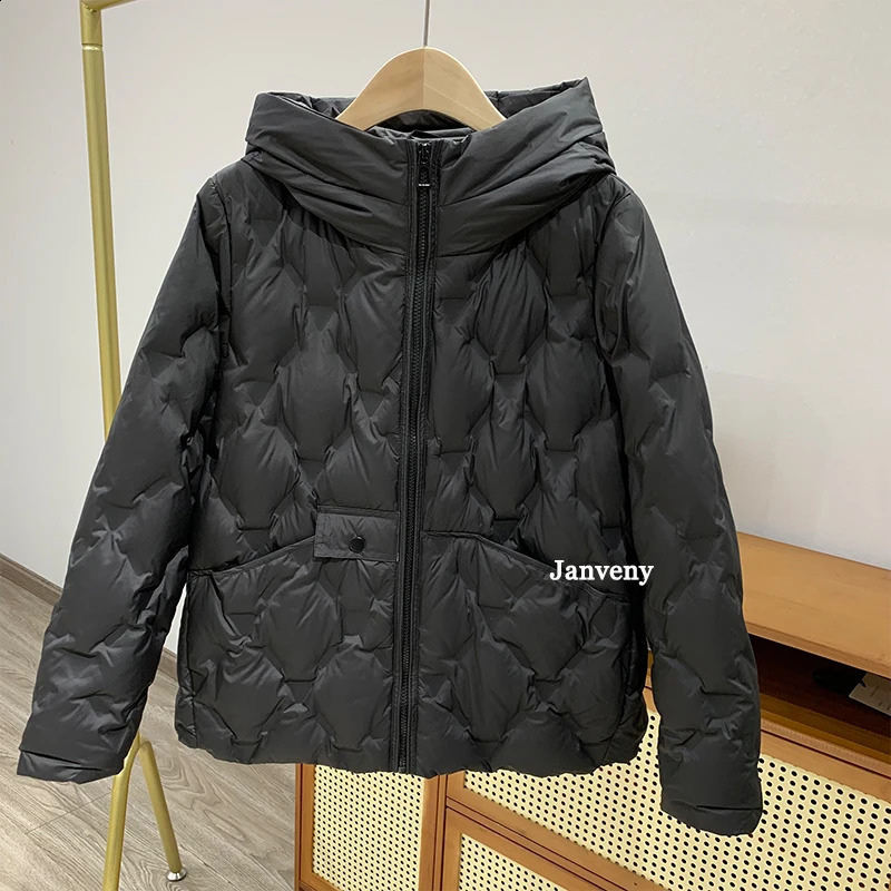 Janveny Winter Hooded Loose Pressure Adhesive Inflatable Jacket for Women Warm Ultra Soft 90% White Duck Down Short Coat 240823