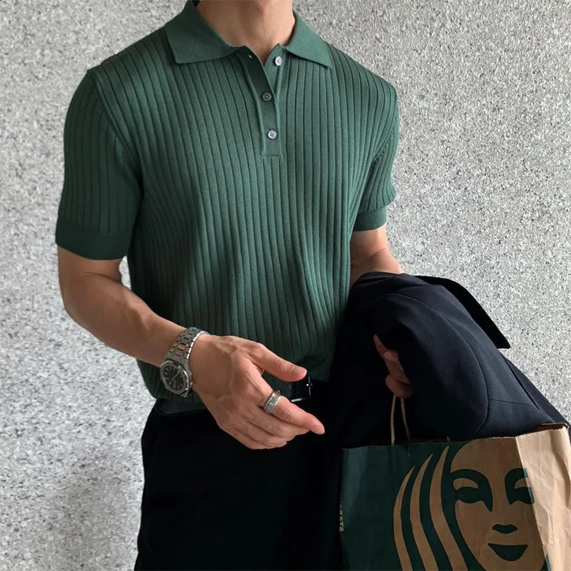 Summer casual fashion solid color knitted polo shirt Korean mens button up collar short sleeved street clothing rib 240824