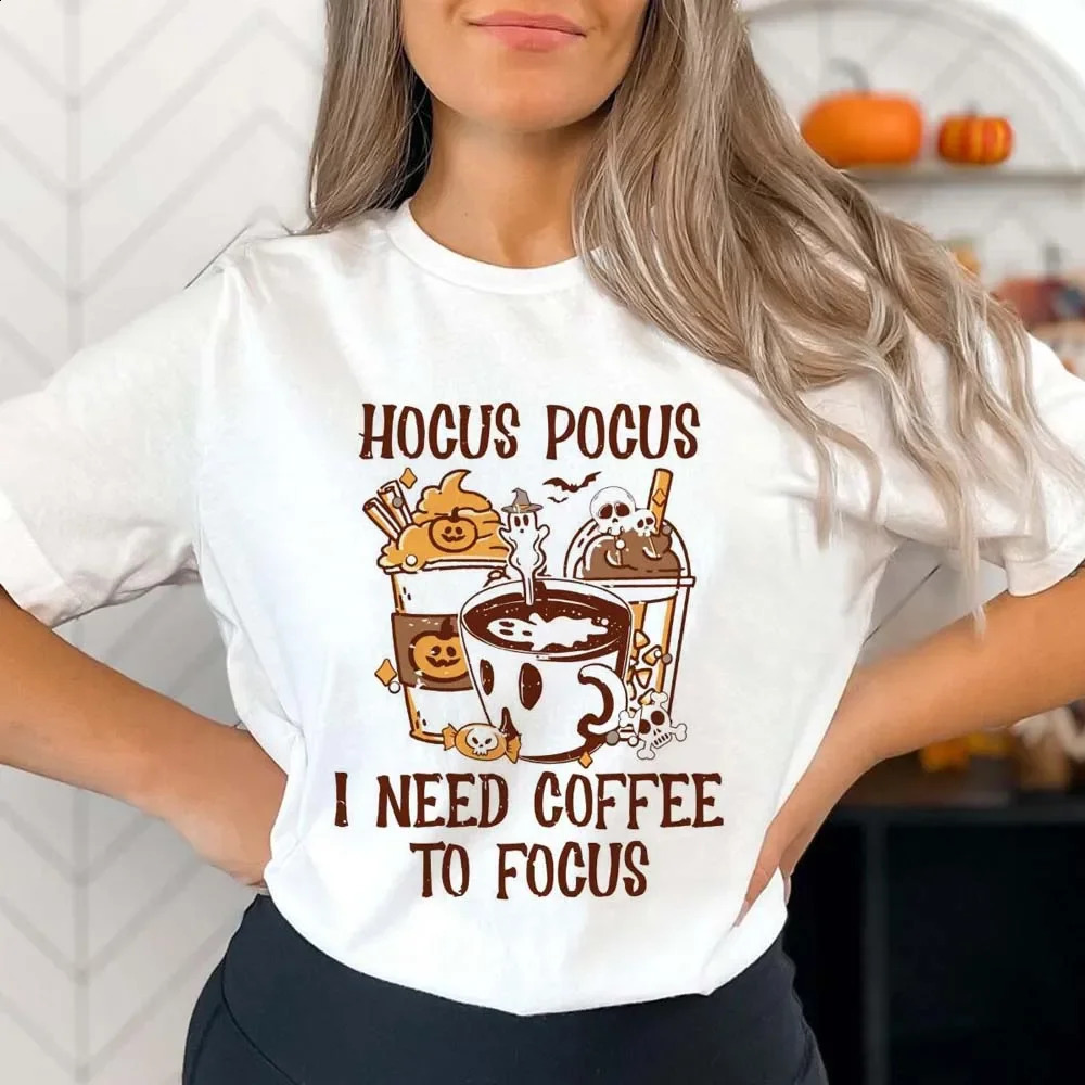 Hocus Pocus I Need Coffee To Focus Cartoon Print Fun Pattern Halloween ONeck Fashion Trendy Style Womens Summer TShirt 240823