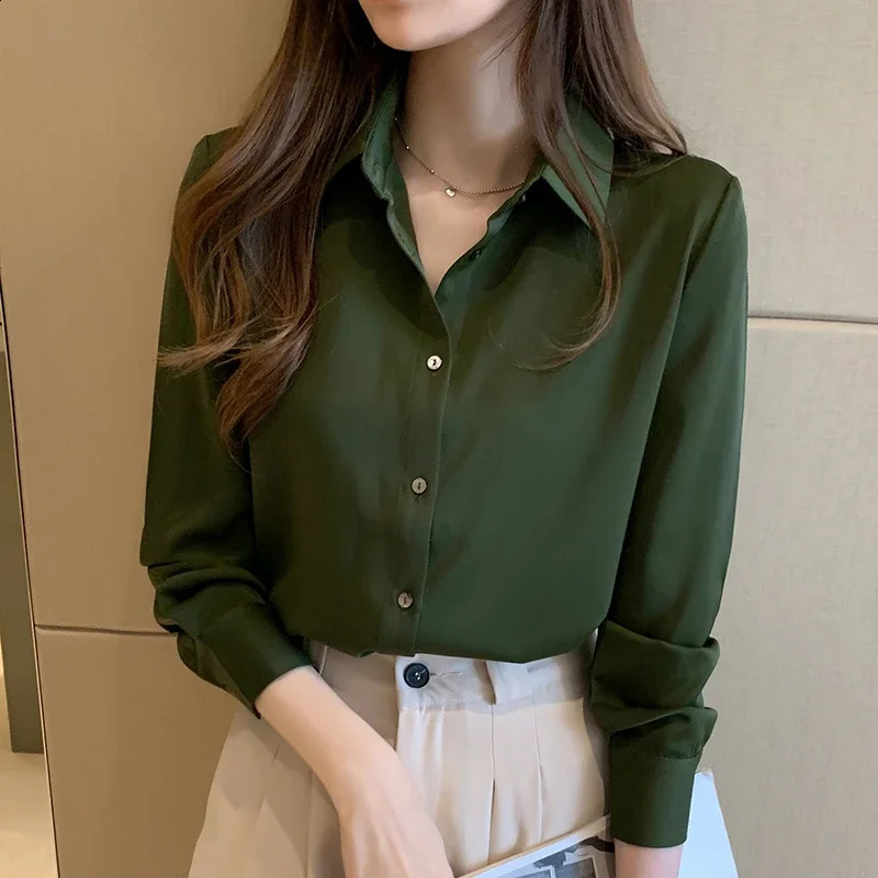 Satin Women Shirt OL Fashion Long Sleeve Blouse Woman Casual Shirts White Shirt Womens Tops Solid Basic Shirts and Blouses 240823