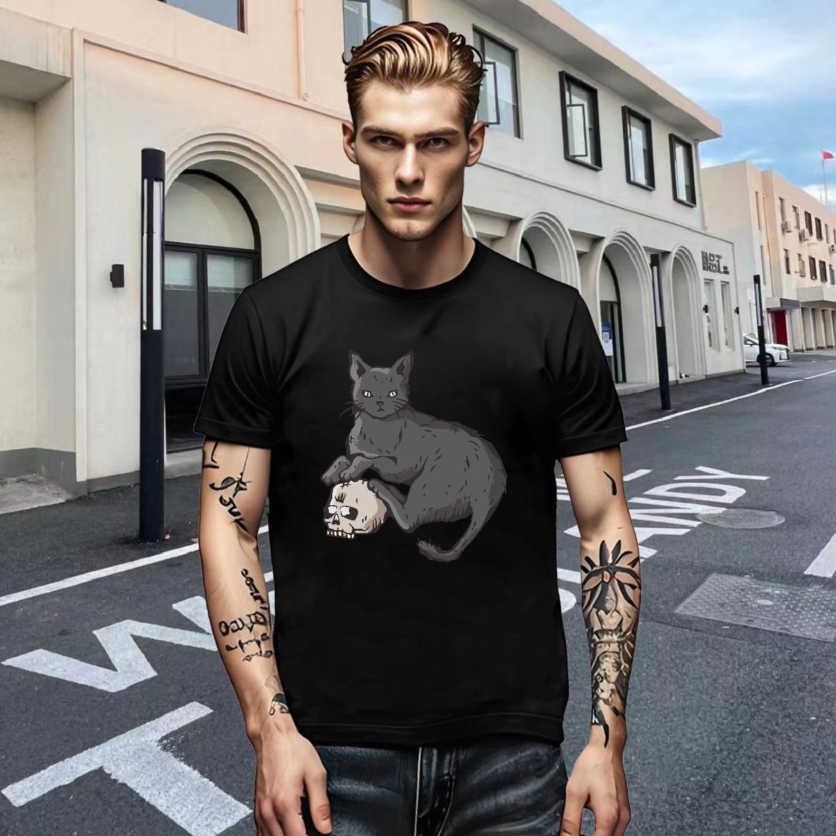 New Men Tshirts cat Sports Casual 100% Cotton 230g Tees Shirts Pure Cotton TOP Quality T-Shirts for Men Anime Print