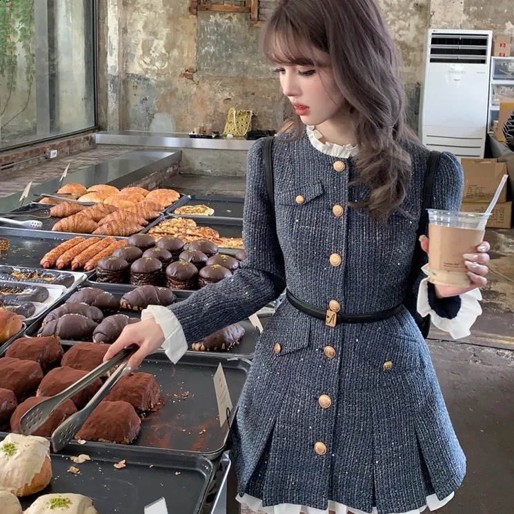 GkyocQ French Elegant Women Tweed Dress O Neck Long Sleeve Single Breasted Waist Slim A Line Short Dresses Female Vestidos 240824