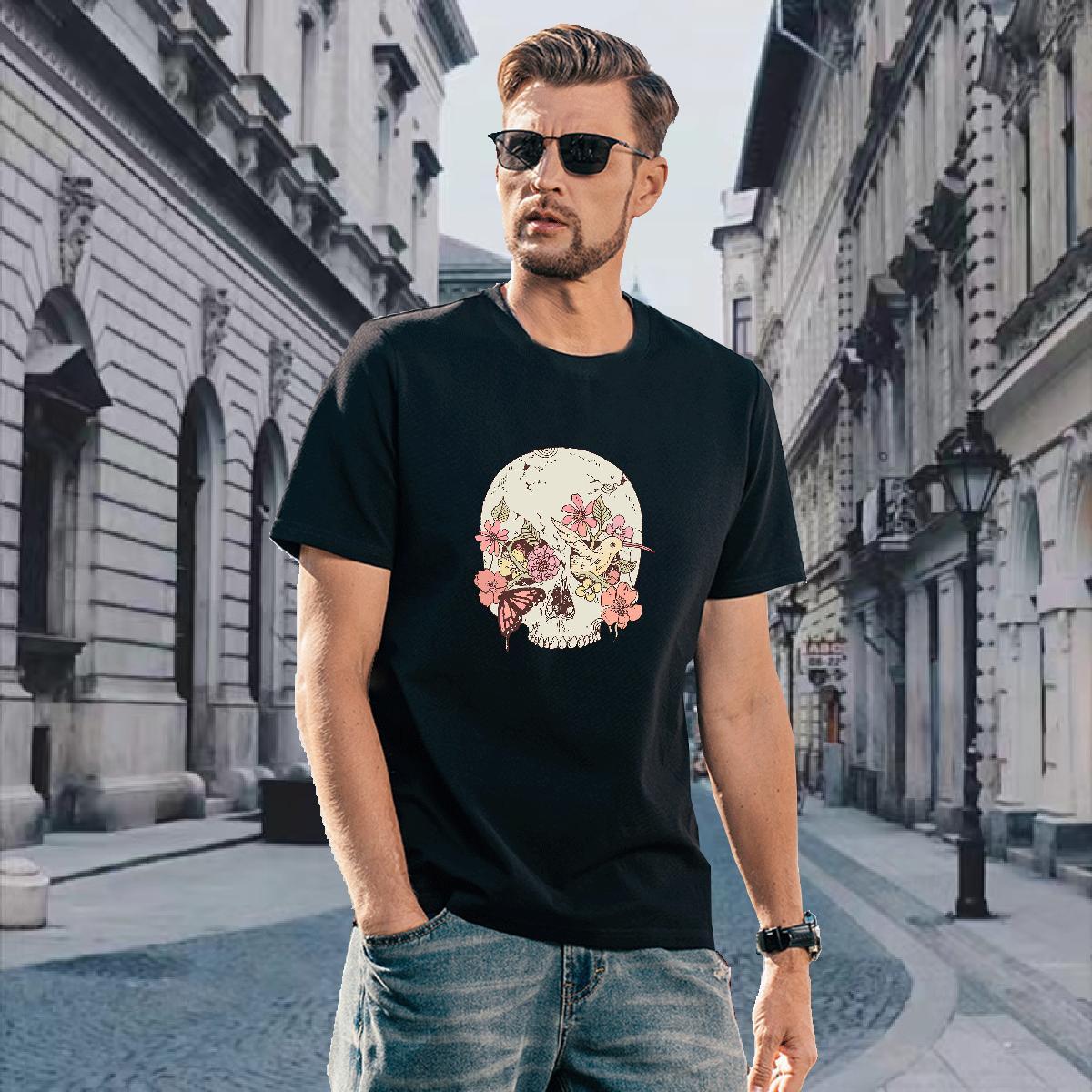 Cool Design T-Shirts for Men 230g 100% Cotton skull Hip Hop Cartoon Print Crew Neck Tshirts Fashion New Tee Shirt
