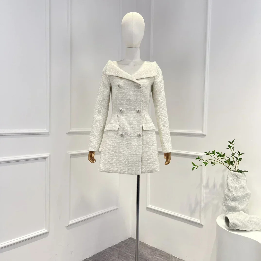 Spring Top Quality Beige Long Sleeve High Waist Double Breasted Tweed Elegant Mini Dress for Women 240824