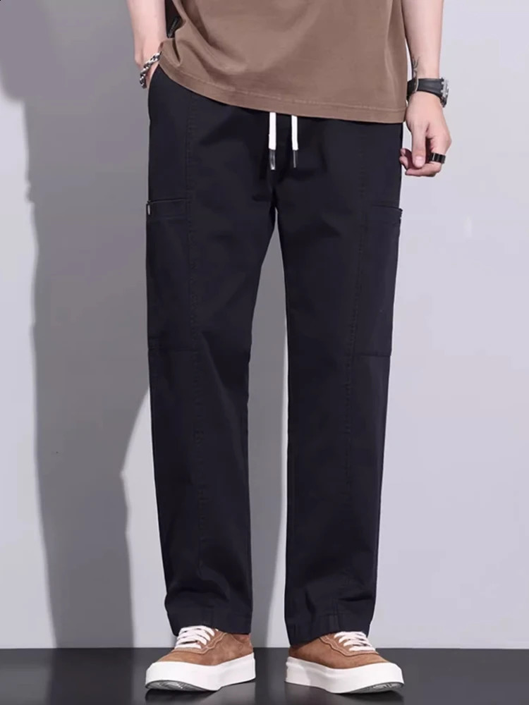 Multi pocket straight leg cargo pants mens drawstring casual wide sports wearresistant 240823