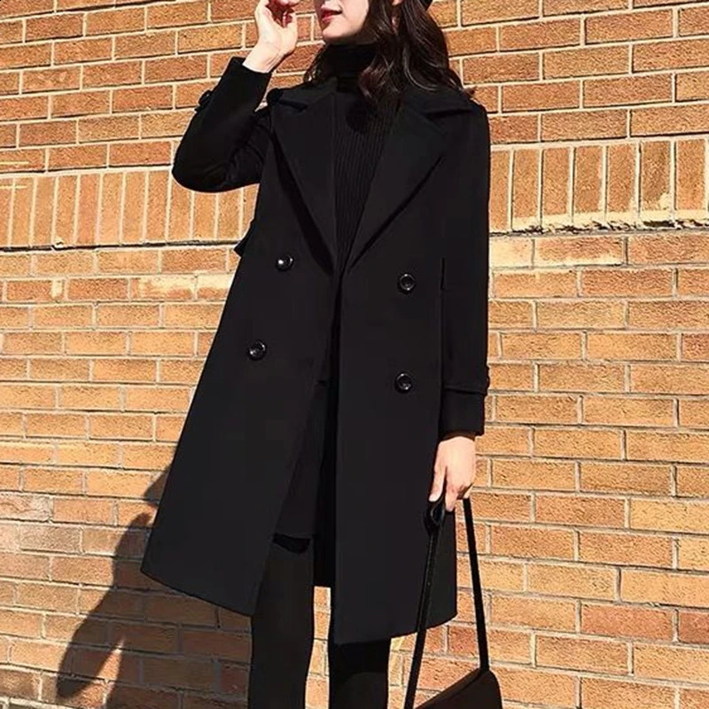 Women Autumn Winter Black Woolen Coat Female Suit Collar Korean Fashion Wool Blend Overcoat Mid Length Add Cotton Warm Jacket 240823