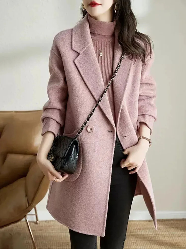 Elegant lapel loose wool jacket top womens casual long sleeved blend blue Korean fashion solid medium length Abrigos 240823