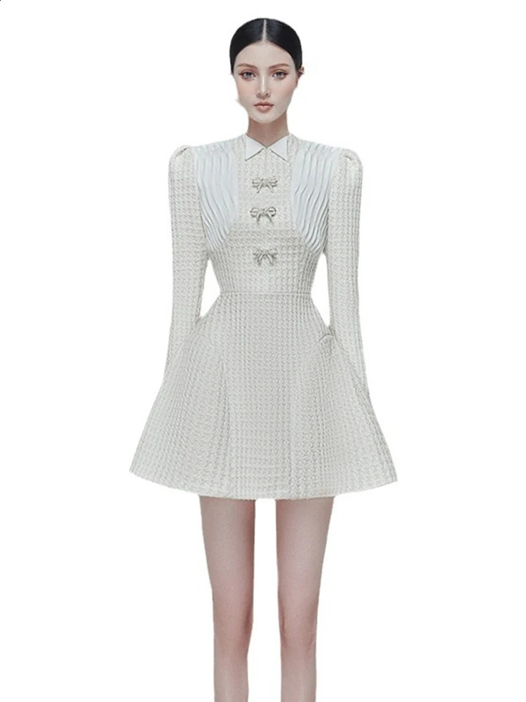DEAT Autumn Tweed Spliced Bow Long Sleeve Womens Dress Solid Color Zipper O-neck Elegant Party Mini Female Dress 15C359 240824