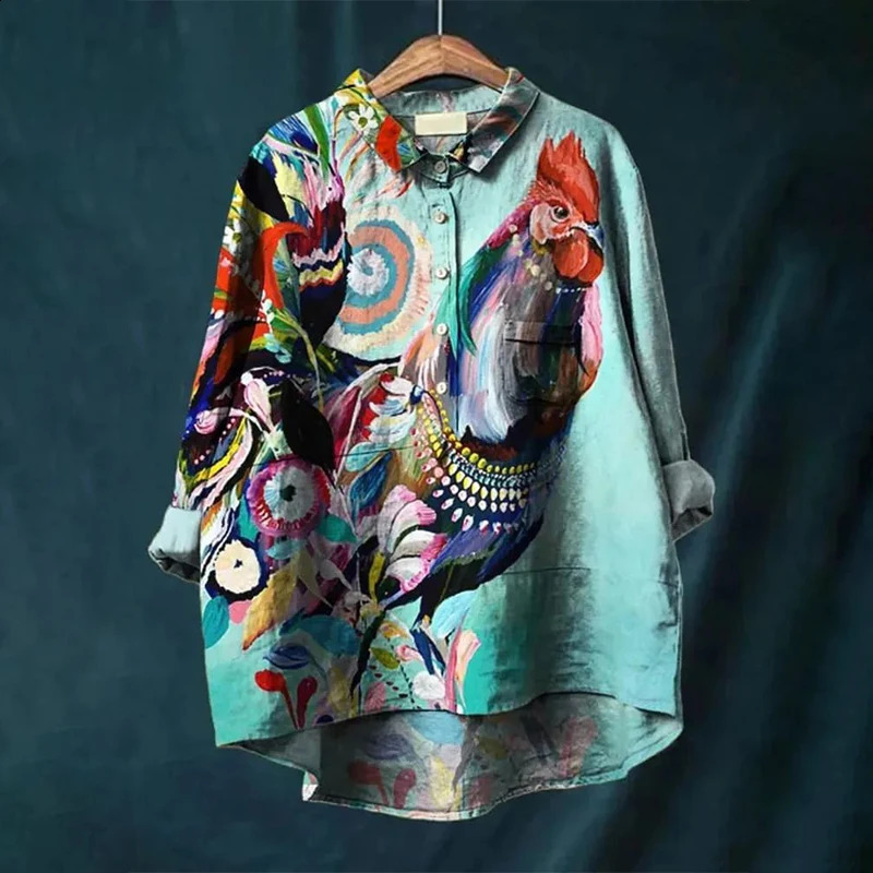 Summer Womens Retro Colorful Hen Art Long Sleeve Pocket Shirt Hawaiian Style Printed Vneck Top 240823