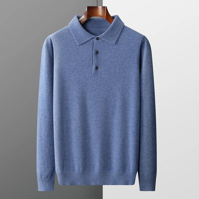 100% merino wool mens lapel pullover long sleeve POLO neck sweater loose top business casual knit bottoming shirt i240823