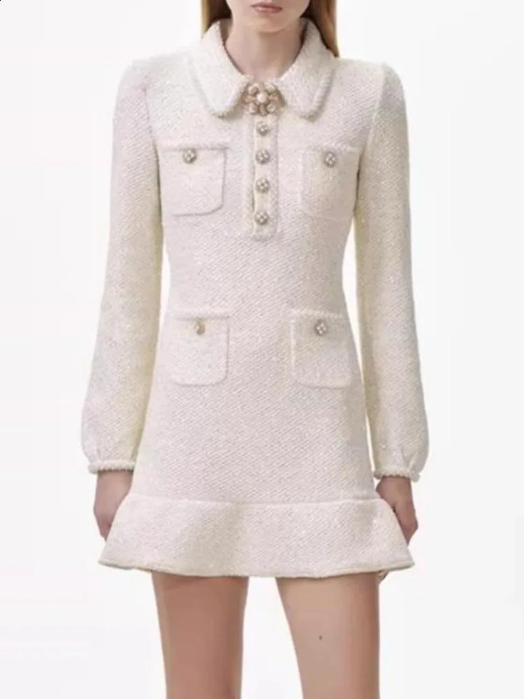 UCXQ Elegant Short Dress European Style Tweed Lapel Beading Button Long Sleeve Fashion Dresses For Women Spring Summer 9896 240824